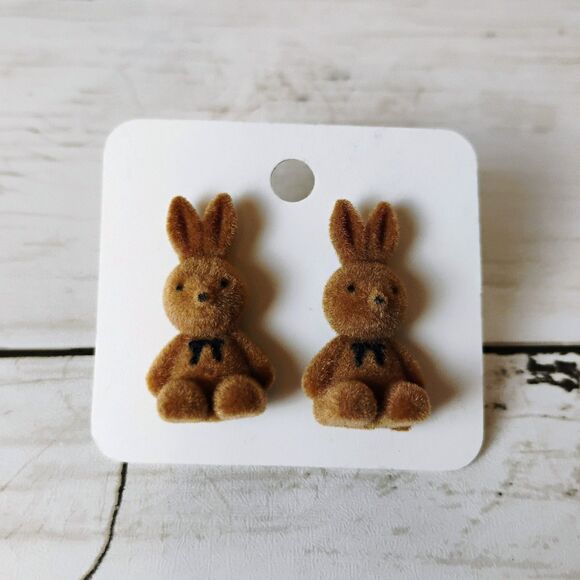 (2) NEW Flocked Bunny Rabbit & Corduroy Bear Stud Earrings Cute, Funky 3D - Picture 2 of 3